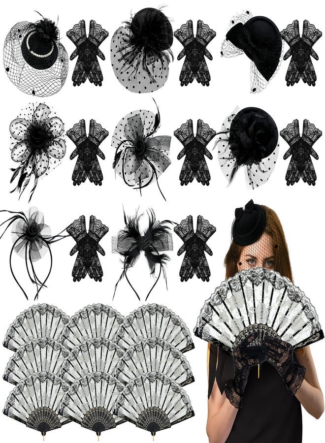 Cuffbow 27 Pcs Black Fascinator Hats Funeral Veil with Folding Fan Lace Gloves for Women Church Halloween Tea Party Headwear - Image 1